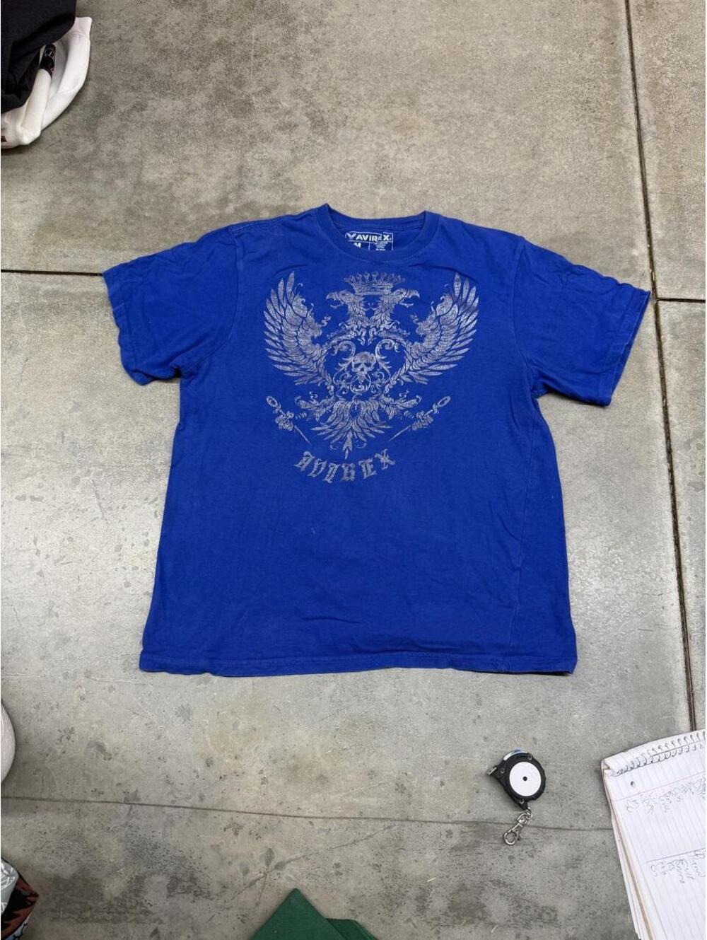 vintage avirex blue and white skull eagle wings shirt size medium